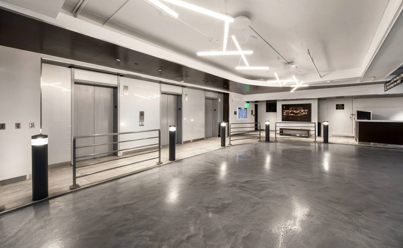 The lobby of the office building on Santa Monica Boulevard